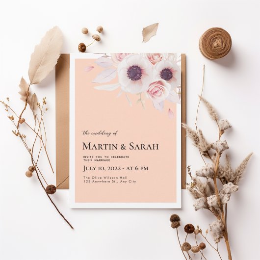 Soft Blush Floral Wedding Invitation Kaart