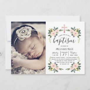 Soft Blush Florals Modern Baptism Fotouitnodiging Bedankkaart