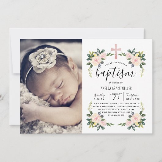 Soft Blush Florals Modern Baptism Fotouitnodiging Bedankkaart (Voorkant)