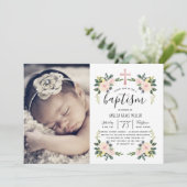Soft Blush Florals Modern Baptism Fotouitnodiging Bedankkaart (Staand voorkant)
