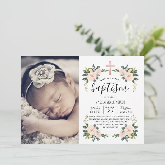 Soft Blush Florals Modern Baptism Fotouitnodiging Bedankkaart (Staand voorkant)