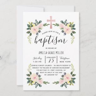 Soft Blush Florals Modern Baptism Invitation Bedankkaart