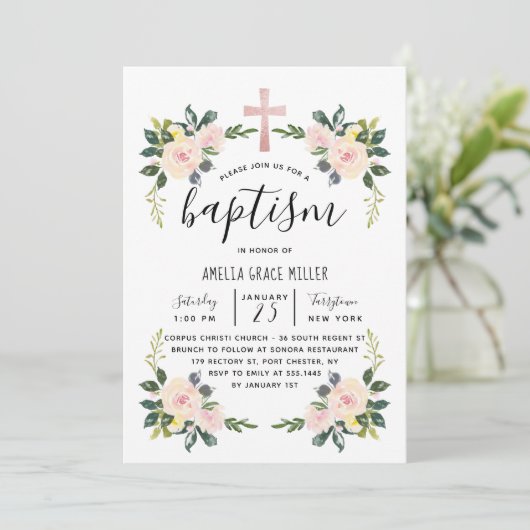 Soft Blush Florals Modern Baptism Invitation Bedankkaart (Staand voorkant)