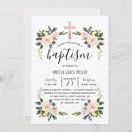 Soft Blush Florals Modern Baptism Invitation Bedankkaart (Voorkant / Achterkant)