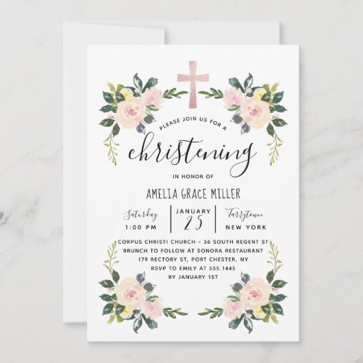 Soft Blush Florals Moderne Christening Invitation Bedankkaart (Voorkant)