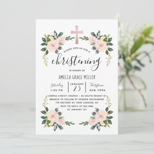 Soft Blush Florals Moderne Christening Invitation Bedankkaart (Staand voorkant)
