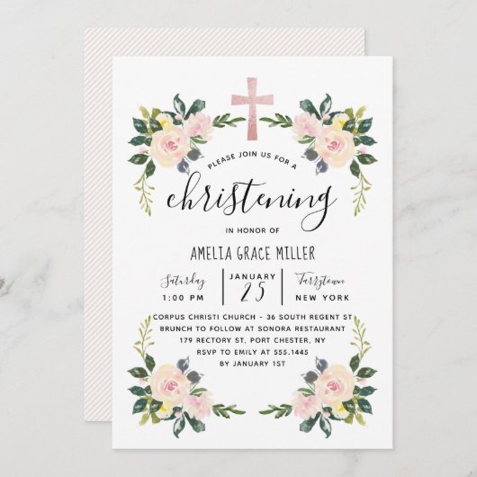 Soft Blush Florals Moderne Christening Invitation Bedankkaart (Voorkant / Achterkant)