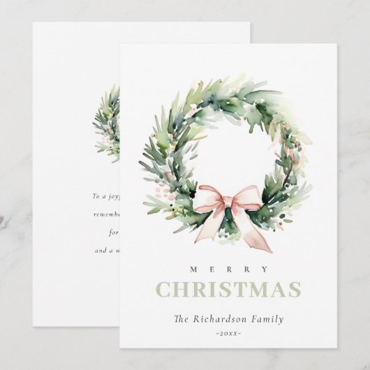 Soft Blush Green Christmas Krans Waterverf Feestdagenkaart (Voorkant / Achterkant)