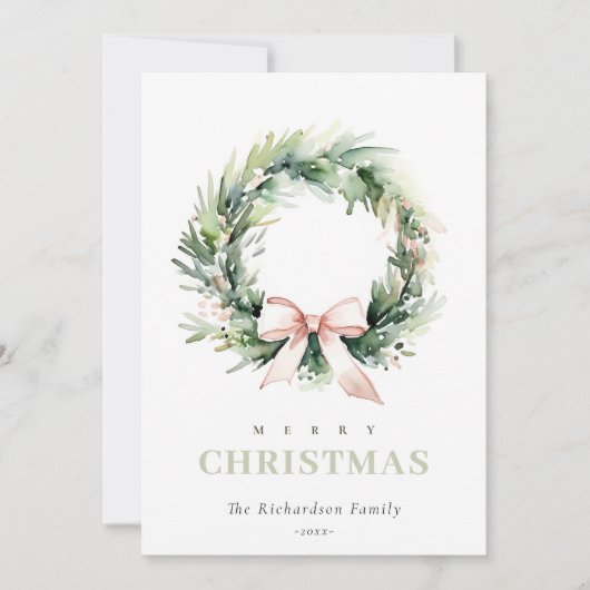 Soft Blush Green Christmas Krans Waterverf Feestdagenkaart (Voorkant)