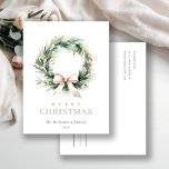 Soft Blush Green Christmas Krans Waterverf Feestdagenkaart<br><div class="desc">Als u nog meer aanpassingen nodig hebt,  kunt u mij op yellowfebstudio@gmail.com vrij klikken.</div>