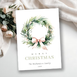 Soft Blush Green Christmas Krans Waterverf Feestdagenkaart