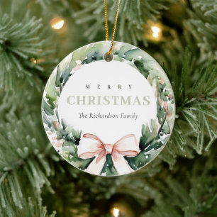 Soft Blush Green Christmas Krans Waterverf Keramisch Ornament
