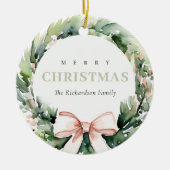 Soft Blush Green Christmas Krans Waterverf Keramisch Ornament (Voorkant)