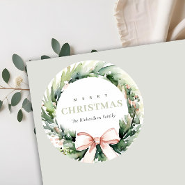Soft Blush Green Christmas Krans Waterverf Ronde Sticker
