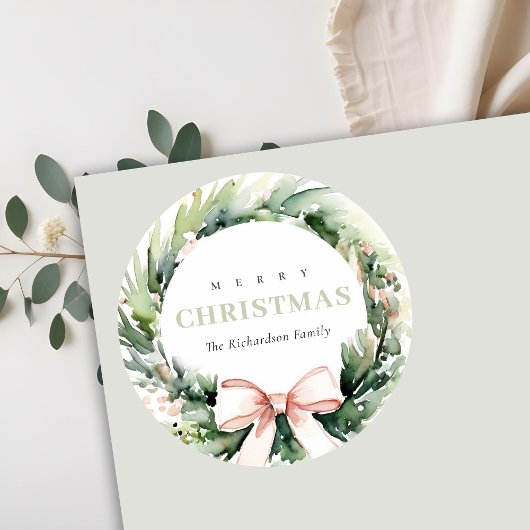 Soft Blush Green Christmas Krans Waterverf Ronde Sticker
