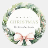 Soft Blush Green Christmas Krans Waterverf Ronde Sticker (Voorkant)
