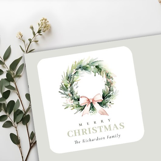 Soft Blush Green Christmas Krans Waterverf Vierkante Sticker