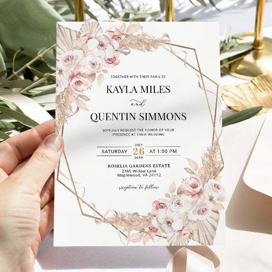Soft Blush Pampas Grass Boho Gold Geometric Frame  Kaart