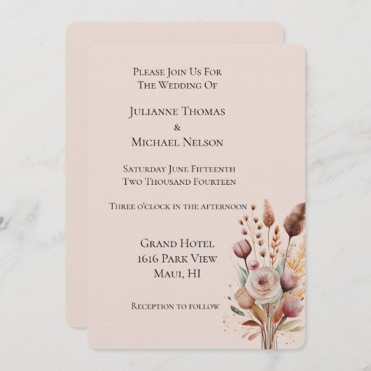 Soft Blush Peach Bloemen bruiloft Kaart (Voorkant / Achterkant)