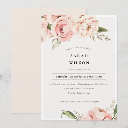 Soft Blush Peach Peony Floral Vrijgezellenfeest In Bedankkaart (Voorkant / Achterkant)