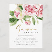 Soft Blush Peony Bloemen Waterverf Save The Date Aankondigingskaart (Voorkant)