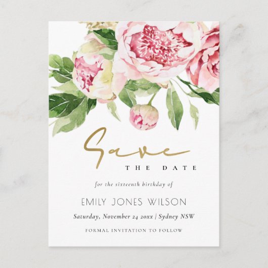 Soft Blush Peony Bloemen Waterverf Save The Date Aankondigingskaart (Voorkant)