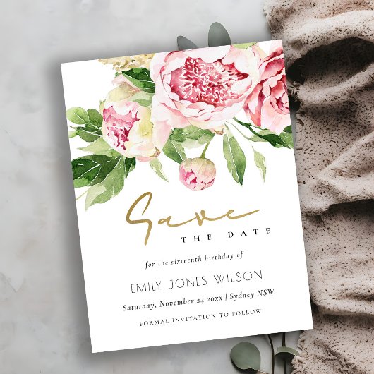 Soft Blush Peony Bloemen Waterverf Save The Date Aankondigingskaart
