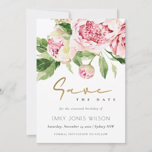 Soft Blush Peony Bloemen Waterverf Save The Date Kaart (Voorkant)