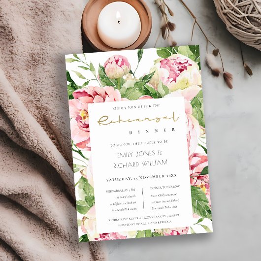 SOFT BLUSH PEONY FLORAL WATERVERF REHEARSAL DINER KAART
