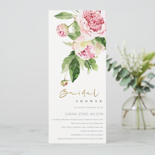 SOFT BLUSH PEONY FLORAL WATERVERF VRIJGEZELLENFEES KAART (Staand voorkant)