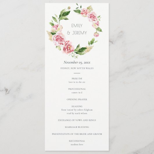 SOFT BLUSH PEONY FLORAL WEDDING CEREMONY PROGRAMMA (Voorkant)