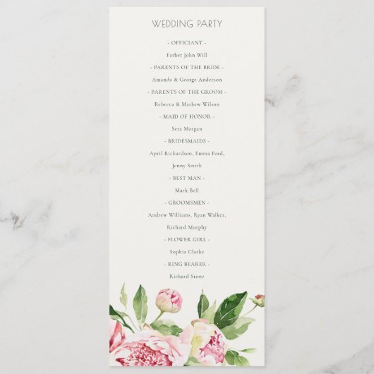 SOFT BLUSH PEONY FLORAL WEDDING CEREMONY PROGRAMMA (Achterkant)