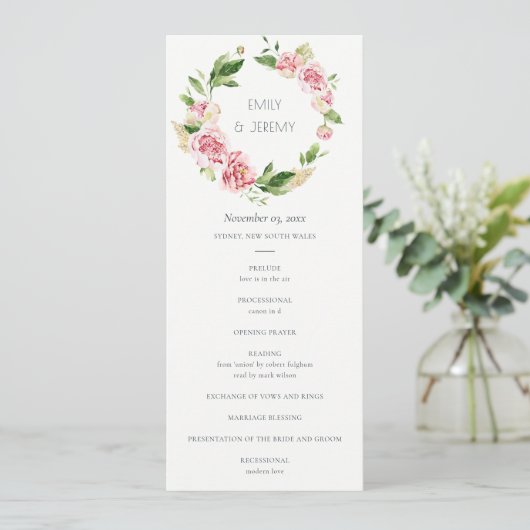 SOFT BLUSH PEONY FLORAL WEDDING CEREMONY PROGRAMMA (Staand voorkant)