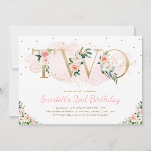 Soft Blush Pink and Gold Floral 2e verjaardag Kaart (Voorkant)