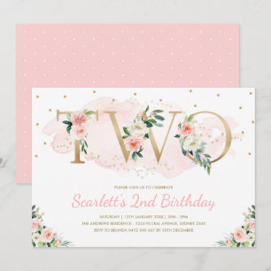 Soft Blush Pink and Gold Floral 2e verjaardag Kaart