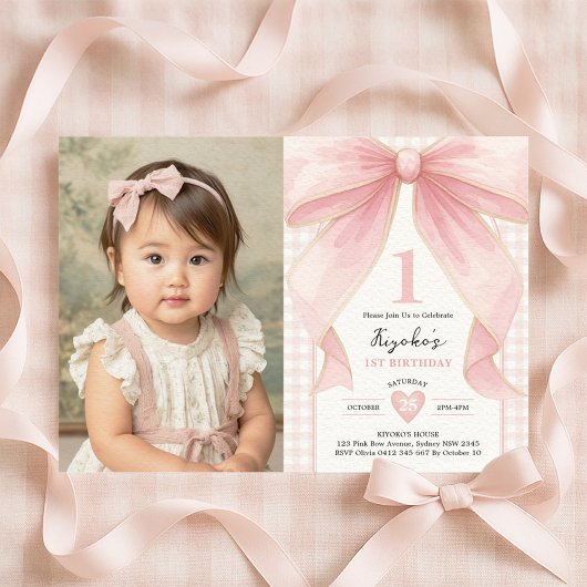 Soft Blush Pink Bow Coquette Theme 1st Birthday Kaart