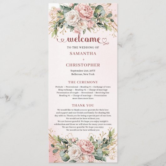 Soft Blush Pink Flowers Eucalyptus Wedding Program Programmakaart (Voorkant)