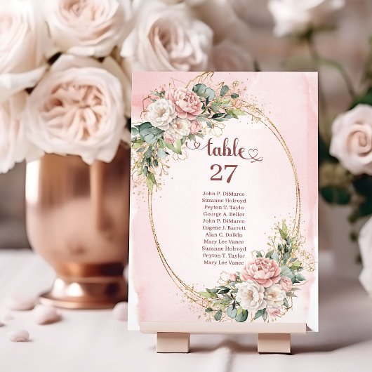 Soft Blush Pink Flowers Gold Glitter Table Number Kaart