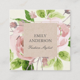 SOFT BLUSH PINK GREEN WATERVERF FLORAL VIERKANTE VISITEKAARTJE