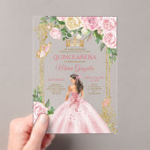 Soft Blush Pink Mis Quince Crown Gold Quinceañera Acryl Uitnodigingen (Insitu (Draagbaar))