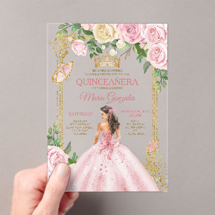 Soft Blush Pink Mis Quince Crown Gold Quinceañera Acryl Uitnodigingen