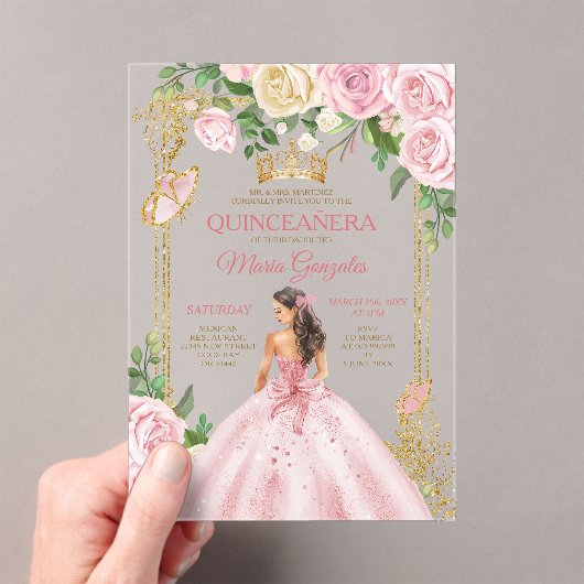 Soft Blush Pink Mis Quince Crown Gold Quinceañera Acryl Uitnodigingen (Insitu (Draagbaar))