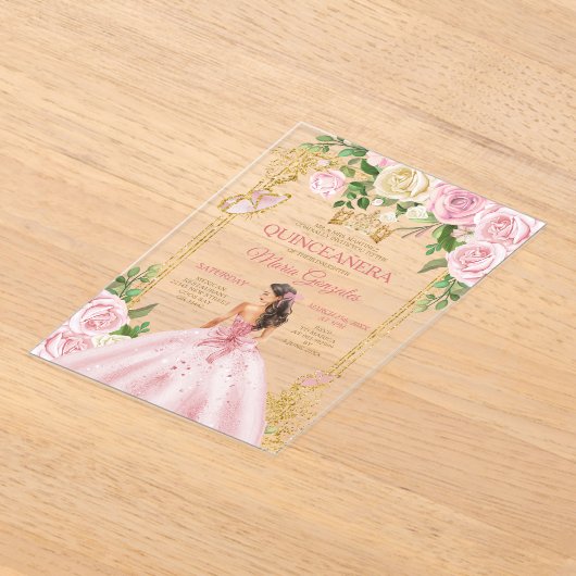 Soft Blush Pink Mis Quince Crown Gold Quinceañera Acryl Uitnodigingen (Laagn)