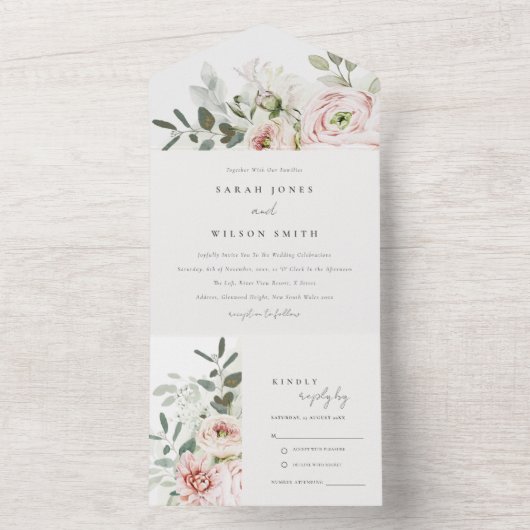 Soft Blush Pink Peonies Eucalyptus Foliage Weddens All In One Uitnodiging (Binnen)