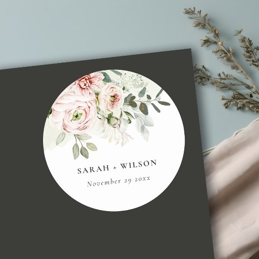 Soft Blush Pink Peonies Eucalyptus Foliage Weddens Ronde Sticker