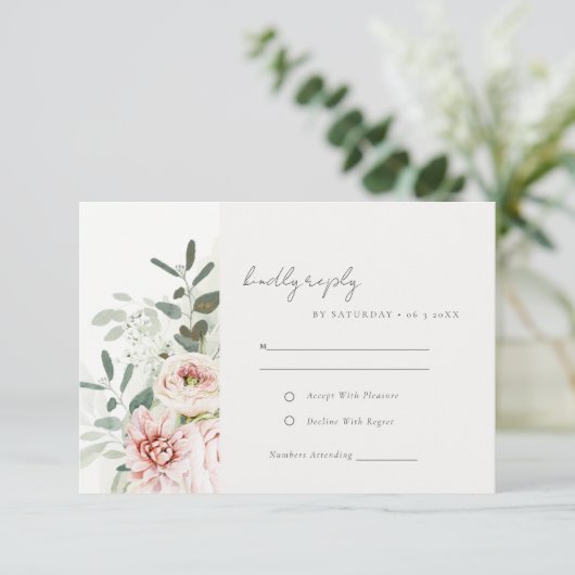 Soft Blush Pink Peonies Eucalyptus Foliage Weddens RSVP Kaartje (Staand voorkant)
