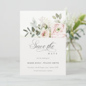 Soft Blush Pink Peonies Eucalyptus Save the Date Kaart (Staand voorkant)