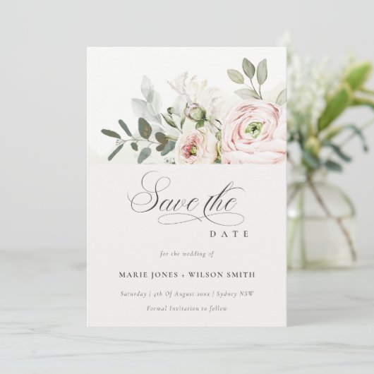 Soft Blush Pink Peonies Eucalyptus Save the Date Kaart (Staand voorkant)