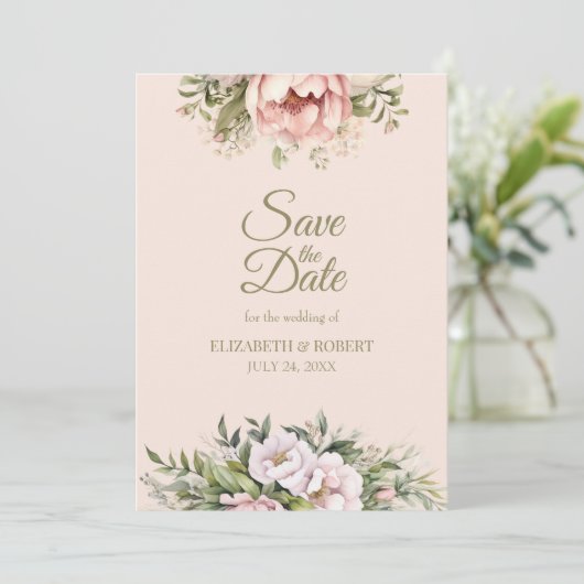 Soft Blush Pink Peony Save The Date Card (Staand voorkant)