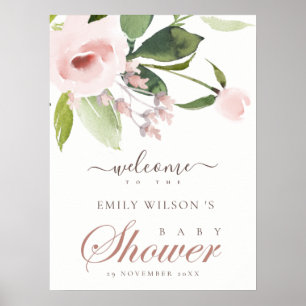 SOFT BLUSH PINK ROSE FLORAL BABY SHOWER WELKOM POSTER